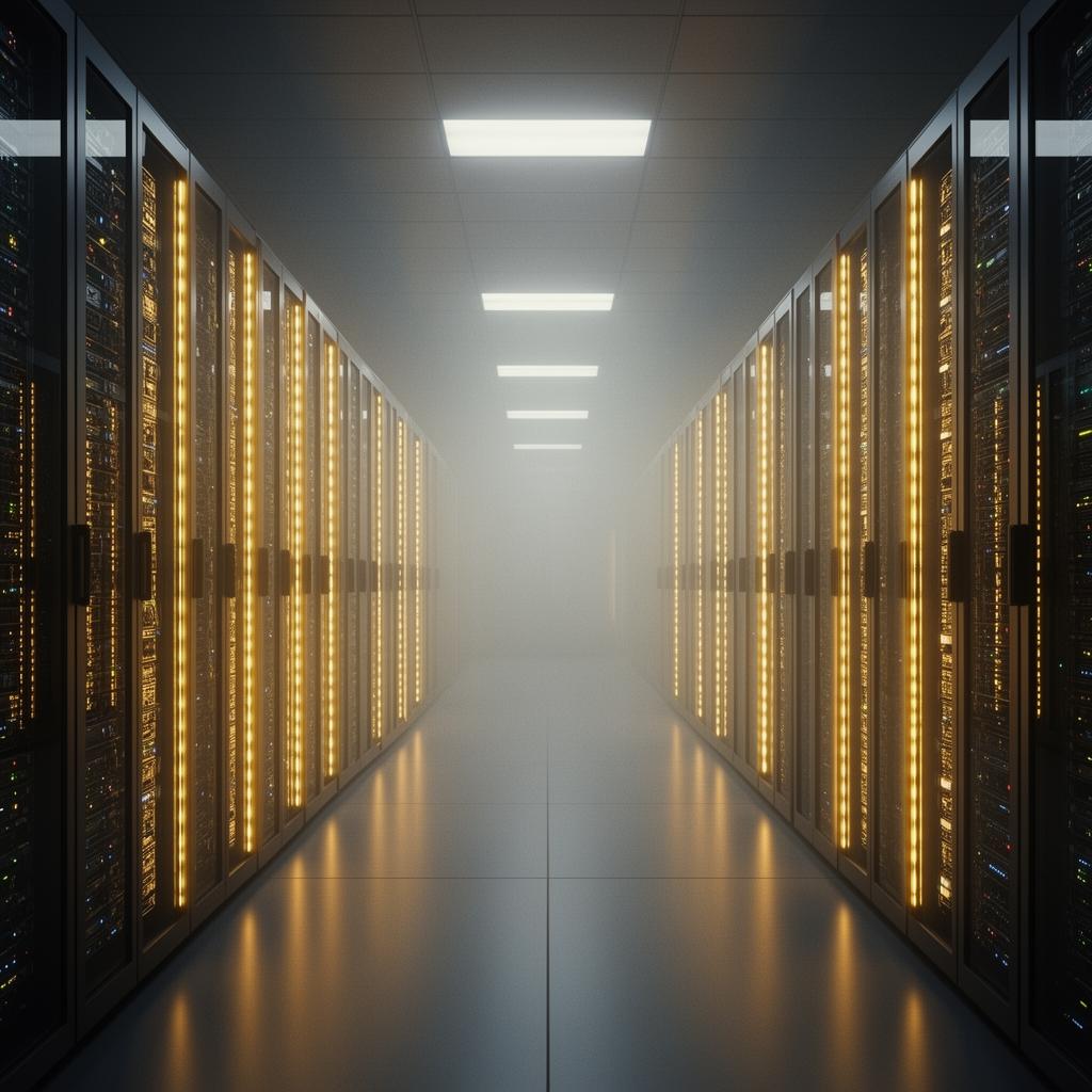 Photorealistic AI data center with golden server lights