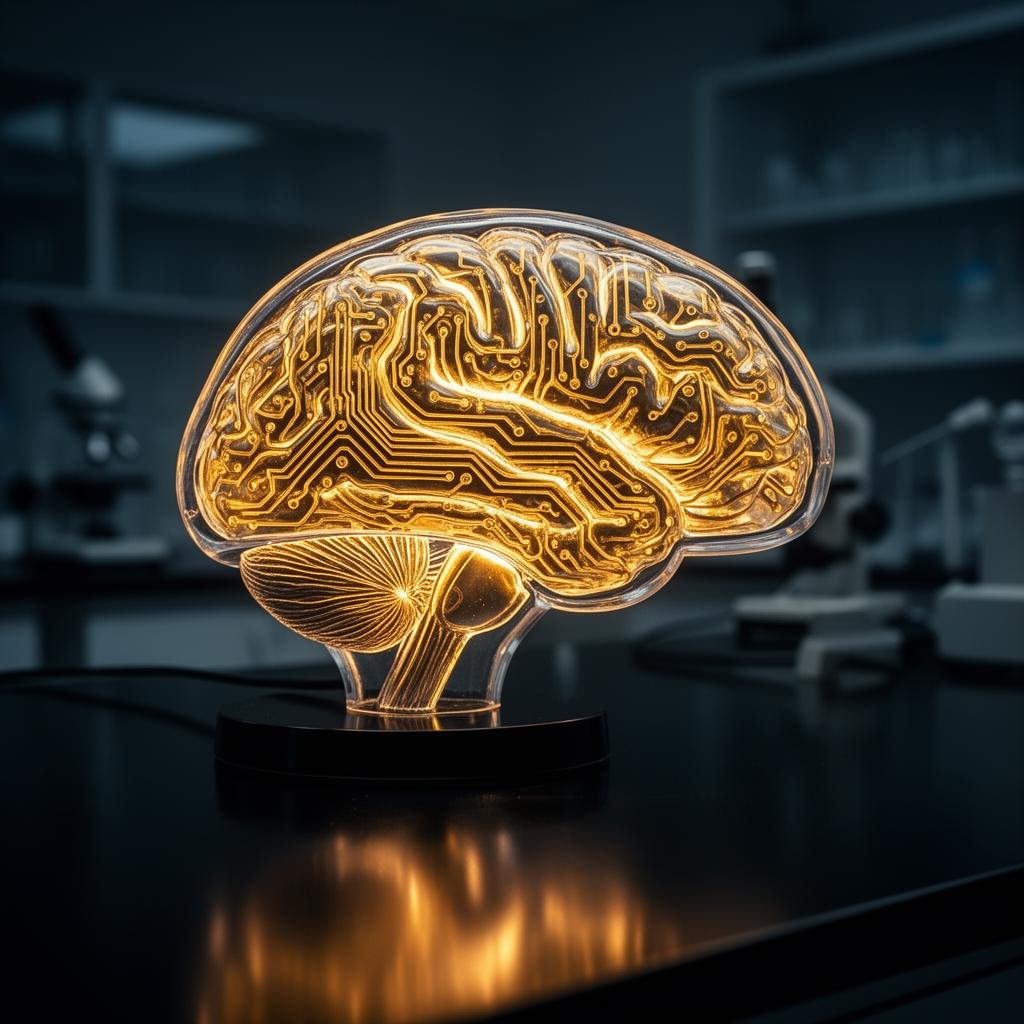Real glass brain model with glowing golden circuitry